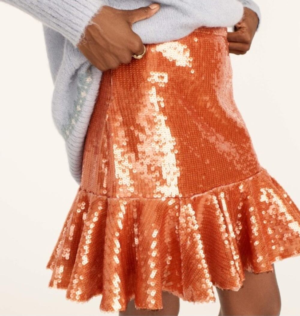 J. Crew Orange Sequins Drop Waist Ruffle Hem Skirt Size 4 Party Mini